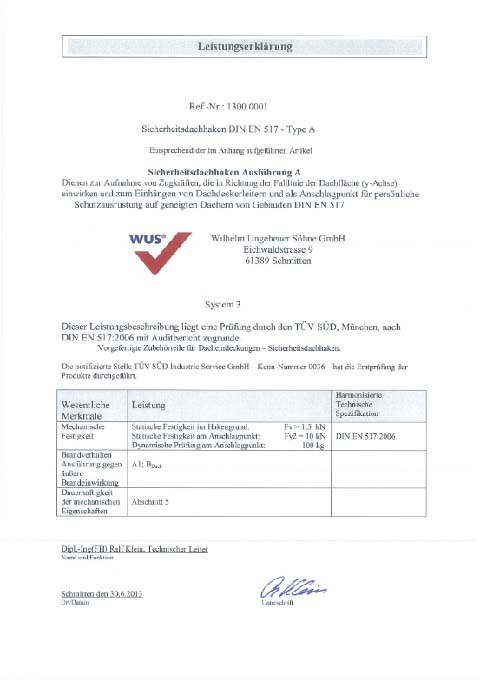 Leistungserklärung für Sicherheitsdachhaken