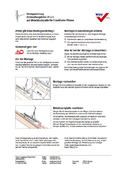 WUS Montageanleitung Schneefanggitterstütze genietet auf Metalldachplatte für Frankfurter Pfannen